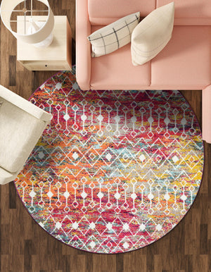 Multicolor 6' 1 x 6' 1 Tribal Trellis Round Area Rug Geometric Southwestern Inspired Durable Carpet for Home Interior Design for Sale at Rug Engine