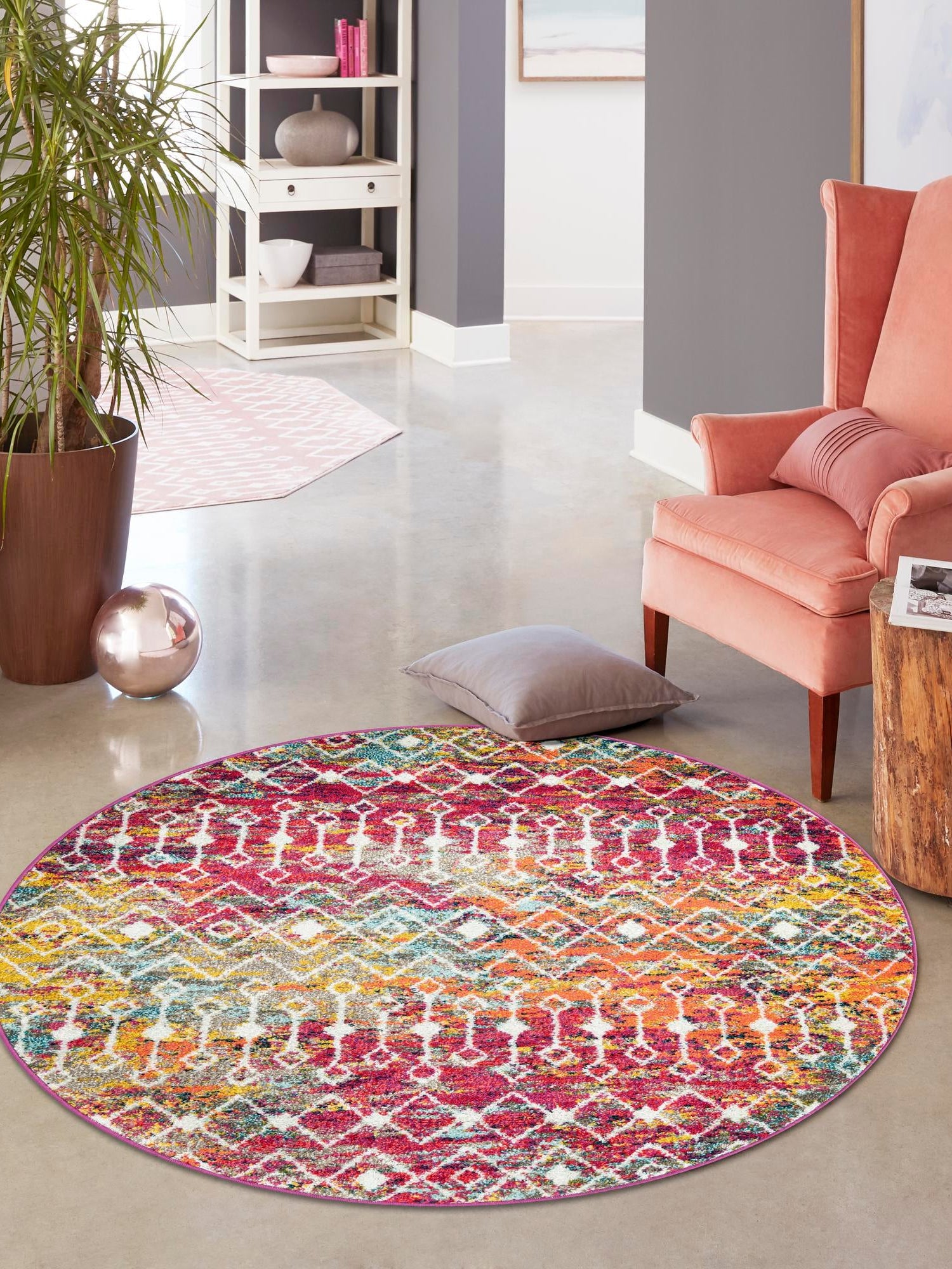 Multicolor 10' x 10' Tribal Trellis Round Area Rug Geometric Southwestern Inspired Durable Carpet for Home Interior Design for Sale at Rug Engine