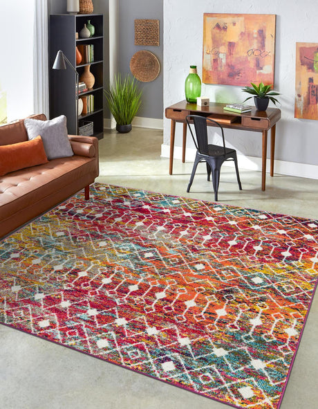 Multicolor 7' 10 x 7' 10 Tribal Trellis Square Area Rug Geometric Southwestern Inspired Durable Carpet for Home Interior Design for Sale at Rug Engine