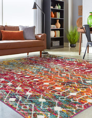 Multicolor 7' 10 x 7' 10 Tribal Trellis Square Area Rug Geometric Southwestern Inspired Durable Carpet for Home Interior Design for Sale at Rug Engine