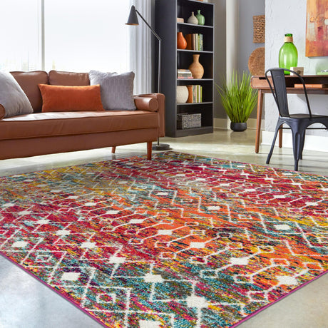 Multicolor 7' 10 x 7' 10 Tribal Trellis Square Area Rug Geometric Southwestern Inspired Durable Carpet for Home Interior Design for Sale at Rug Engine