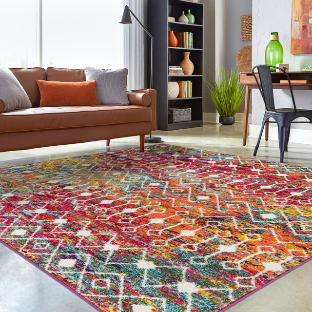 Multicolor 7' 10 x 7' 10 Tribal Trellis Square Area Rug Geometric Southwestern Inspired Durable Carpet for Home Interior Design for Sale at Rug Engine