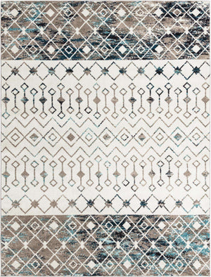Ivory Gray Blue 9' x 12' Tribal Trellis Rectangle Area Rug Geometric Southwestern Inspired Durable Carpet for Home Interior Design for Sale at Rug Engine