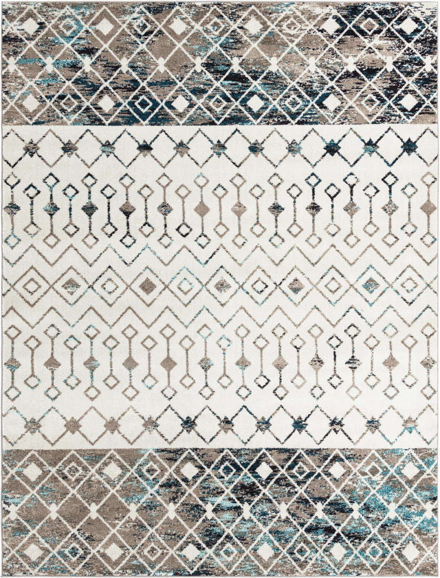 Ivory Gray Blue 9' x 12' Tribal Trellis Rectangle Area Rug Geometric Southwestern Inspired Durable Carpet for Home Interior Design for Sale at Rug Engine