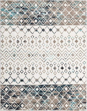 Ivory Gray Blue 7' 10 x 10' Tribal Trellis Rectangle Area Rug Geometric Southwestern Inspired Durable Carpet for Home Interior Design for Sale at Rug Engine
