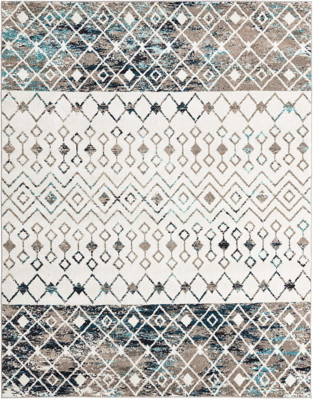 Ivory Gray Blue 7' 10 x 10' Tribal Trellis Rectangle Area Rug Geometric Southwestern Inspired Durable Carpet for Home Interior Design for Sale at Rug Engine