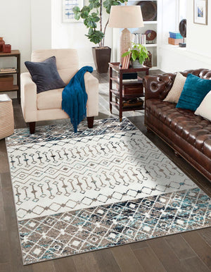Ivory Gray Blue 2' x 3' 1 Tribal Trellis Rectangle Area Rug Geometric Southwestern Inspired Durable Carpet for Home Interior Design for Sale at Rug Engine