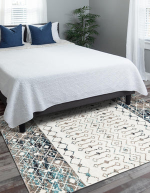 Ivory Gray Blue 5' 3 x 8' Tribal Trellis Rectangle Area Rug Geometric Southwestern Inspired Durable Carpet for Home Interior Design for Sale at Rug Engine