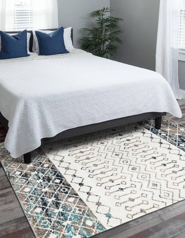 Ivory Gray Blue 4' 1 x 6' 1 Tribal Trellis Rectangle Area Rug Geometric Southwestern Inspired Durable Carpet for Home Interior Design for Sale at Rug Engine