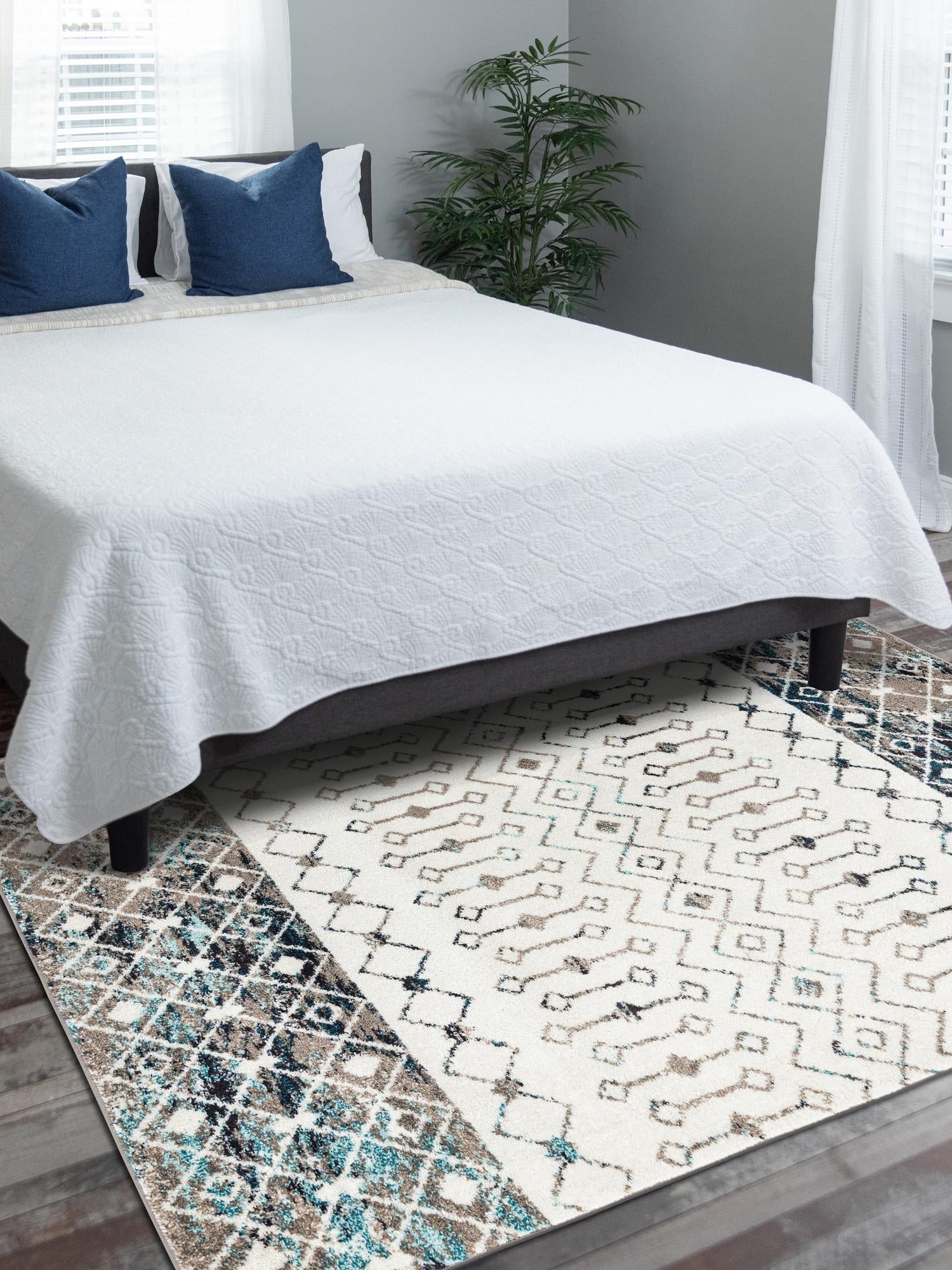 Ivory Gray Blue 7' 10 x 10' Tribal Trellis Rectangle Area Rug Geometric Southwestern Inspired Durable Carpet for Home Interior Design for Sale at Rug Engine