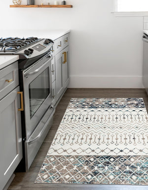 Ivory Gray Blue 9' x 12' Tribal Trellis Rectangle Area Rug Geometric Southwestern Inspired Durable Carpet for Home Interior Design for Sale at Rug Engine