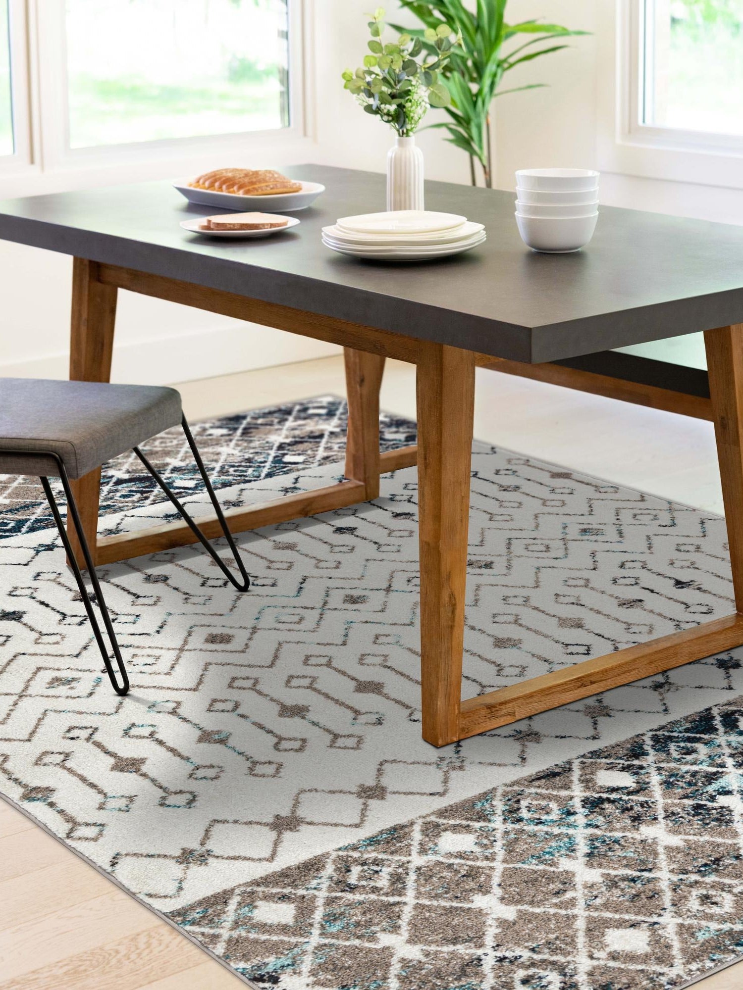 Ivory Gray Blue 9' x 12' Tribal Trellis Rectangle Area Rug Geometric Southwestern Inspired Durable Carpet for Home Interior Design for Sale at Rug Engine