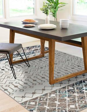 Ivory Gray Blue 7' 10 x 10' Tribal Trellis Rectangle Area Rug Geometric Southwestern Inspired Durable Carpet for Home Interior Design for Sale at Rug Engine