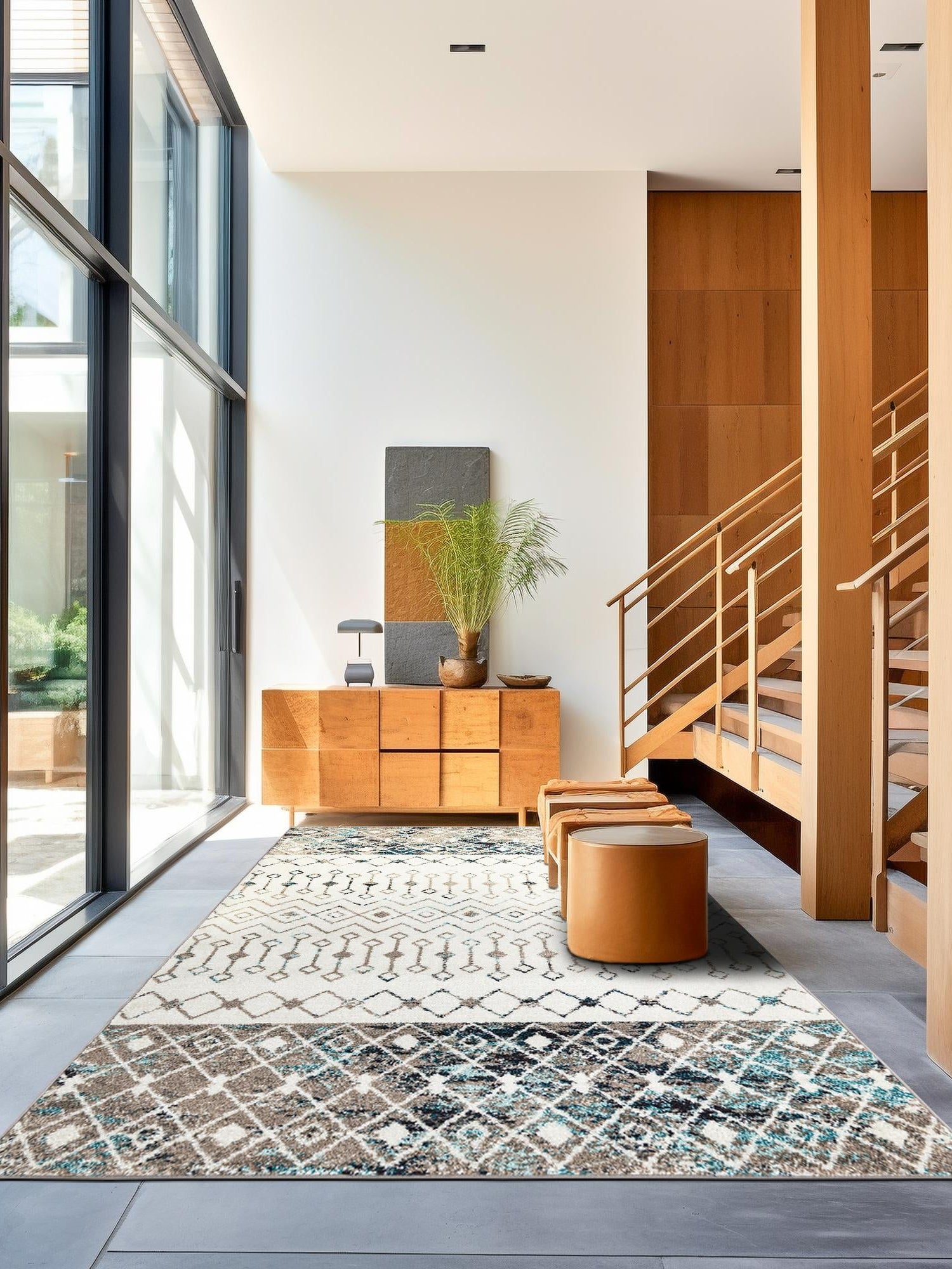 Ivory Gray Blue 9' x 12' Tribal Trellis Rectangle Area Rug Geometric Southwestern Inspired Durable Carpet for Home Interior Design for Sale at Rug Engine