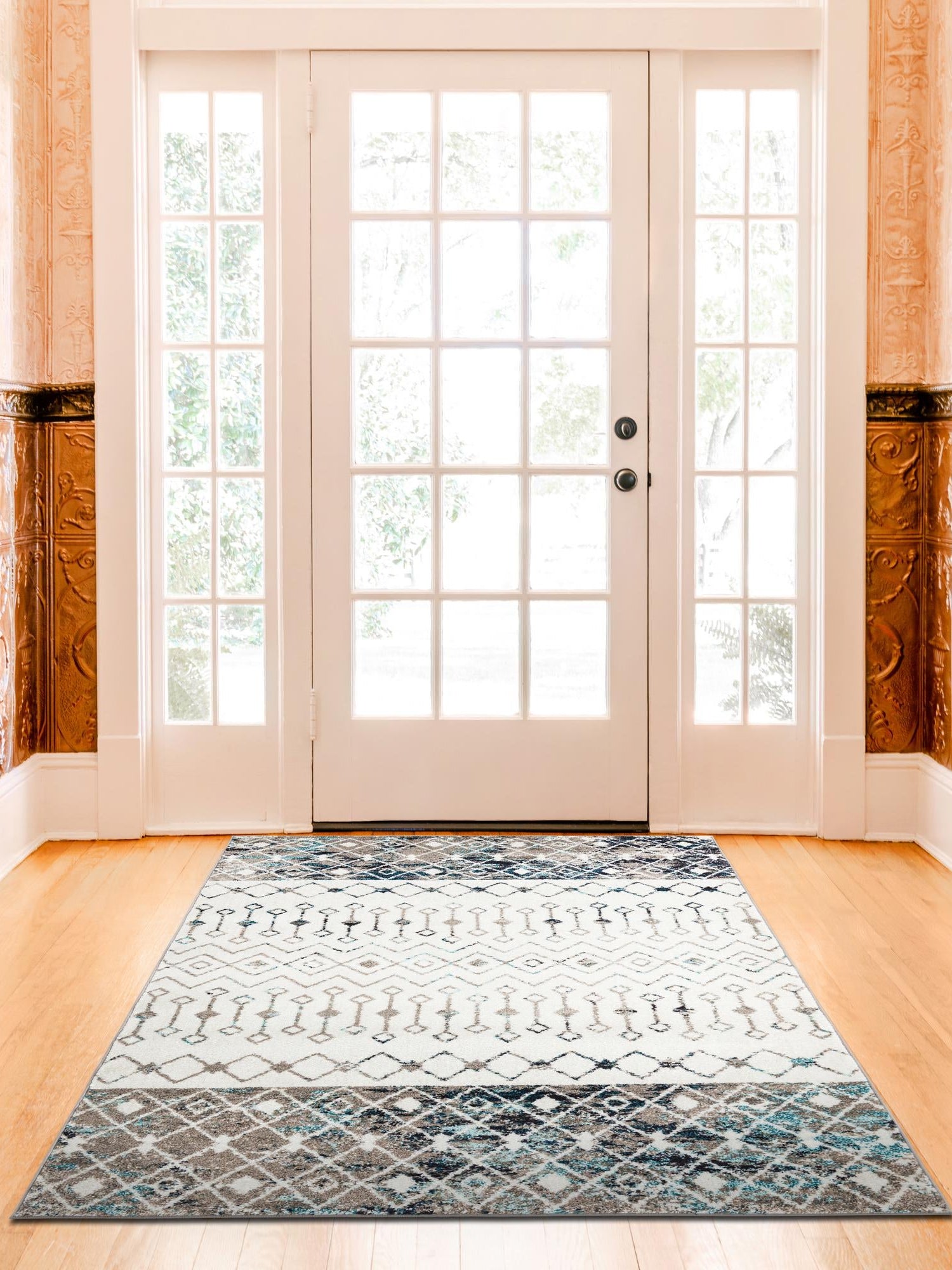 Ivory Gray Blue 10' 8 x 14' Tribal Trellis Rectangle Area Rug Geometric Southwestern Inspired Durable Carpet for Home Interior Design for Sale at Rug Engine