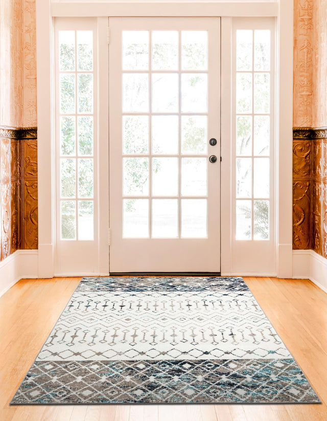 Ivory Gray Blue 5' 3 x 8' Tribal Trellis Rectangle Area Rug Geometric Southwestern Inspired Durable Carpet for Home Interior Design for Sale at Rug Engine