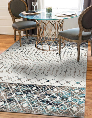 Ivory Gray Blue 10' 8 x 14' Tribal Trellis Rectangle Area Rug Geometric Southwestern Inspired Durable Carpet for Home Interior Design for Sale at Rug Engine