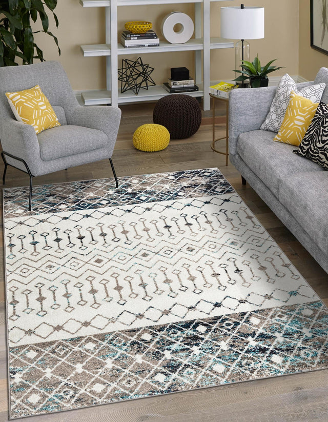Ivory Gray Blue 10' 8 x 14' Tribal Trellis Rectangle Area Rug Geometric Southwestern Inspired Durable Carpet for Home Interior Design for Sale at Rug Engine