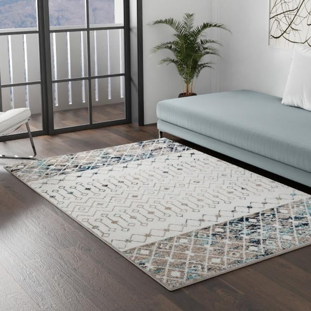 Ivory Gray Blue 10' x 13' 1 Tribal Trellis Rectangle Area Rug Geometric Southwestern Inspired Durable Carpet for Home Interior Design for Sale at Rug Engine