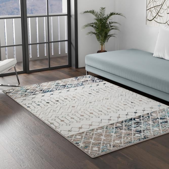 Ivory Gray Blue 10' 8 x 14' Tribal Trellis Rectangle Area Rug Geometric Southwestern Inspired Durable Carpet for Home Interior Design for Sale at Rug Engine