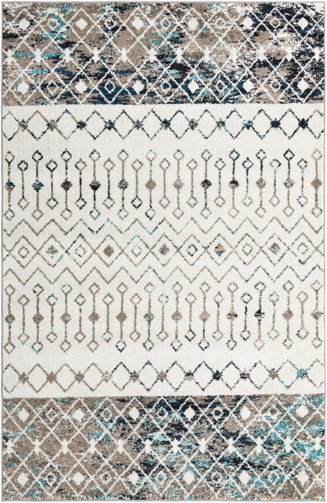 Ivory Gray Blue 5' 3 x 8' Tribal Trellis Rectangle Area Rug Geometric Southwestern Inspired Durable Carpet for Home Interior Design for Sale at Rug Engine