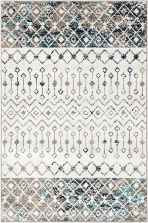 Ivory Gray Blue 4' 1 x 6' 1 Tribal Trellis Rectangle Area Rug Geometric Southwestern Inspired Durable Carpet for Home Interior Design for Sale at Rug Engine