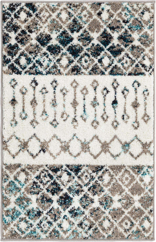 Ivory Gray Blue 2' x 3' 1 Tribal Trellis Rectangle Area Rug Geometric Southwestern Inspired Durable Carpet for Home Interior Design for Sale at Rug Engine