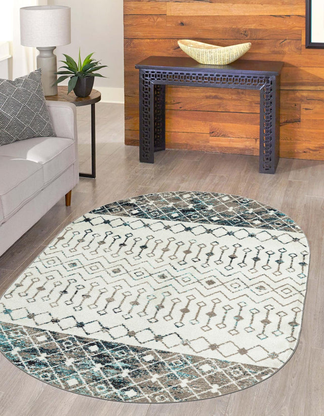 Ivory Gray Blue 7' 10 x 10' Tribal Trellis Oval Area Rug Geometric Southwestern Inspired Durable Carpet for Home Interior Design for Sale at Rug Engine