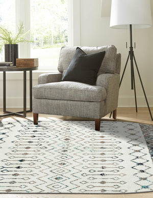 Ivory Gray Blue 5' 3 x 8' Tribal Trellis Oval Area Rug Geometric Southwestern Inspired Durable Carpet for Home Interior Design for Sale at Rug Engine