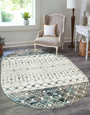 Ivory Gray Blue 5' 3 x 8' Tribal Trellis Oval Area Rug Geometric Southwestern Inspired Durable Carpet for Home Interior Design for Sale at Rug Engine