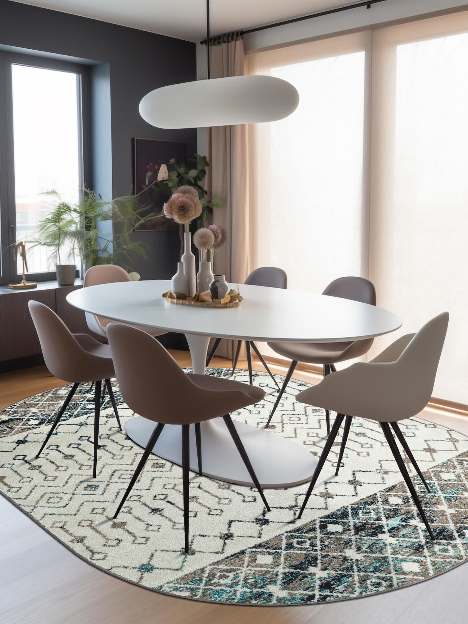 Ivory Gray Blue 7' 10 x 10' Tribal Trellis Oval Area Rug Geometric Southwestern Inspired Durable Carpet for Home Interior Design for Sale at Rug Engine