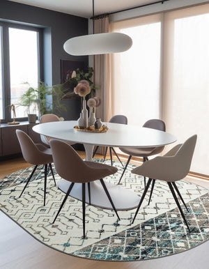 Ivory Gray Blue 4' 1 x 6' 1 Tribal Trellis Oval Area Rug Geometric Southwestern Inspired Durable Carpet for Home Interior Design for Sale at Rug Engine