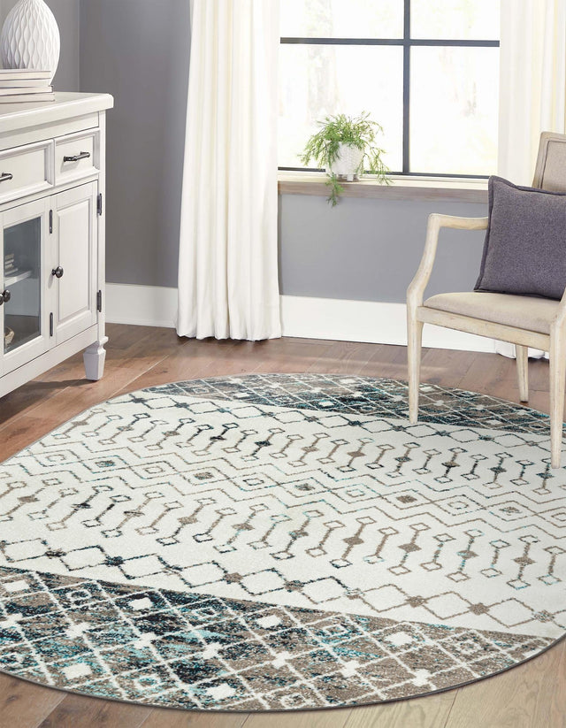 Ivory Gray Blue 7' 10 x 10' Tribal Trellis Oval Area Rug Geometric Southwestern Inspired Durable Carpet for Home Interior Design for Sale at Rug Engine