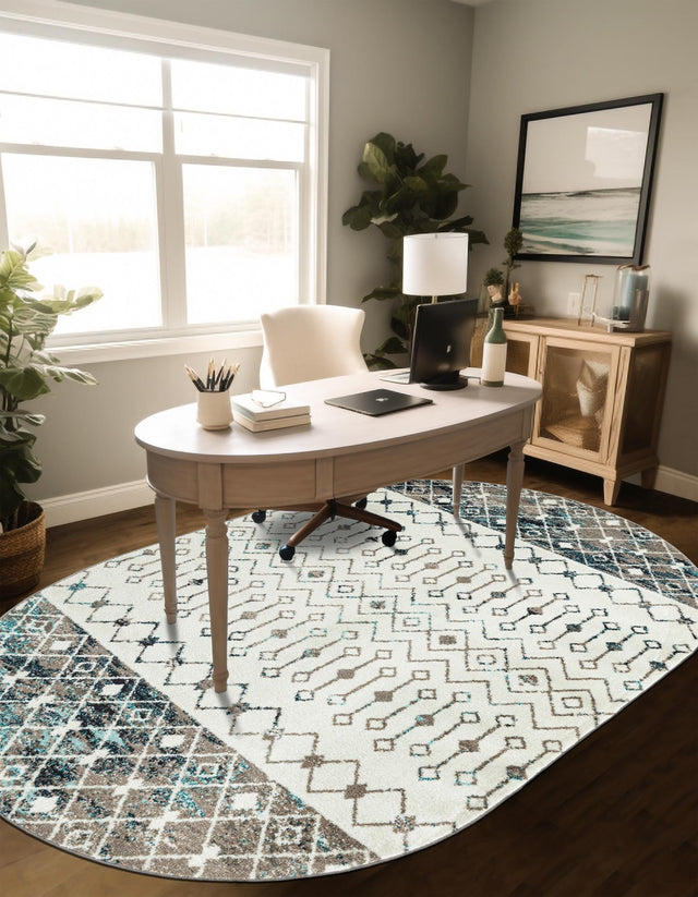 Ivory Gray Blue 5' 3 x 8' Tribal Trellis Oval Area Rug Geometric Southwestern Inspired Durable Carpet for Home Interior Design for Sale at Rug Engine