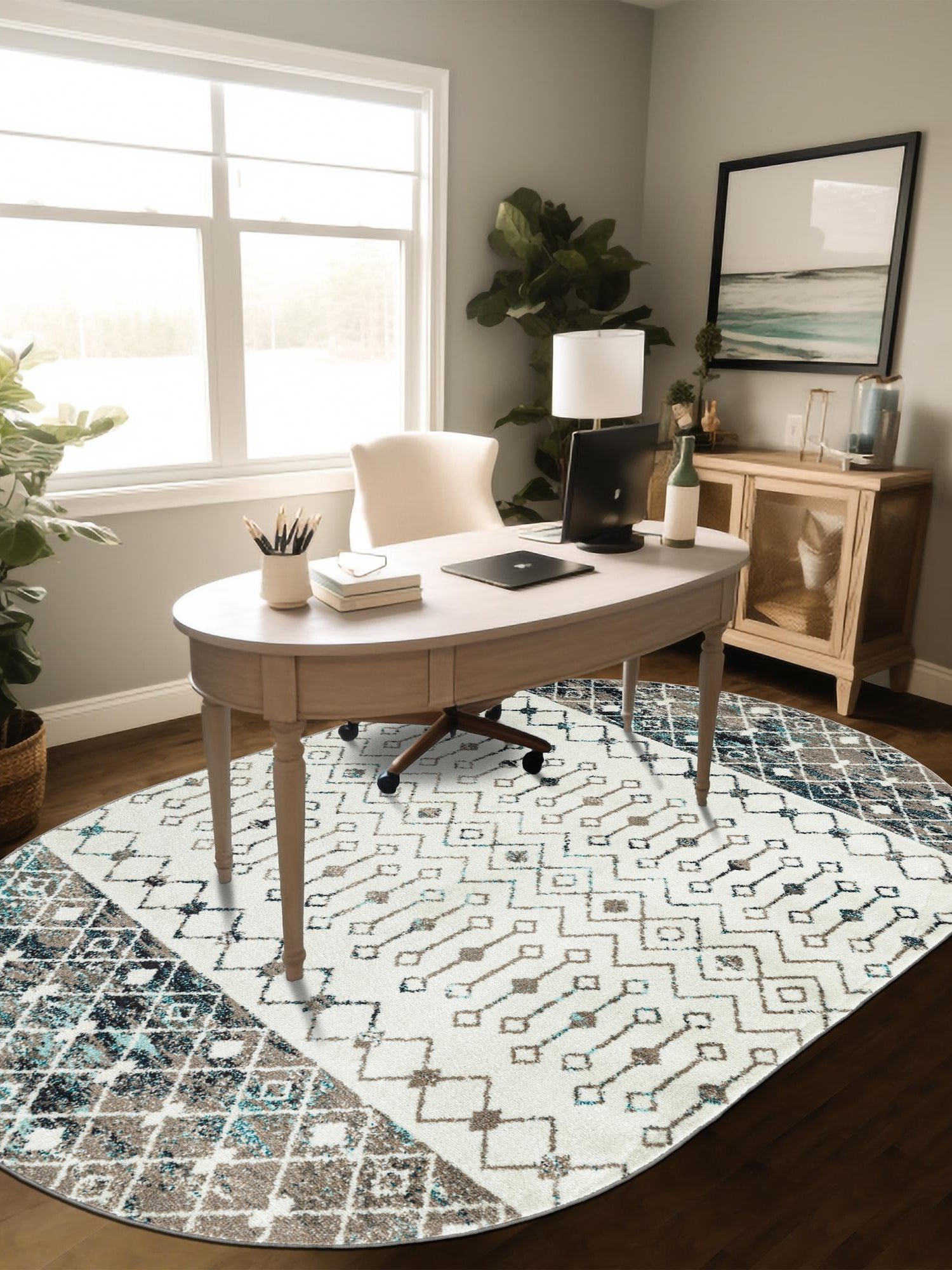 Ivory Gray Blue 4' 1 x 6' 1 Tribal Trellis Oval Area Rug Geometric Southwestern Inspired Durable Carpet for Home Interior Design for Sale at Rug Engine