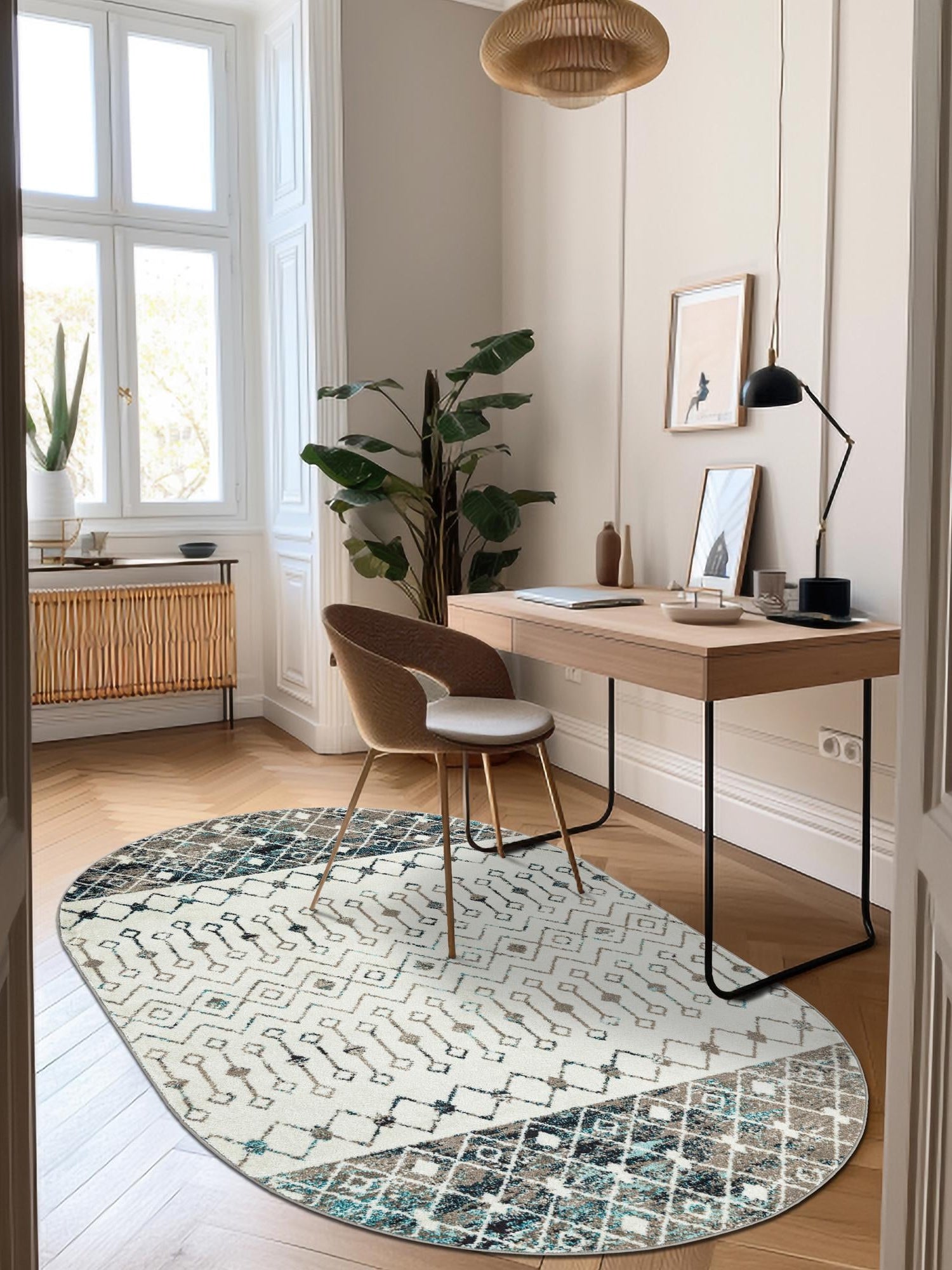 Ivory Gray Blue 7' 10 x 10' Tribal Trellis Oval Area Rug Geometric Southwestern Inspired Durable Carpet for Home Interior Design for Sale at Rug Engine