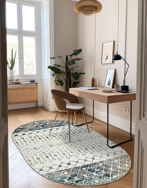 Ivory Gray Blue 7' 10 x 10' Tribal Trellis Oval Area Rug Geometric Southwestern Inspired Durable Carpet for Home Interior Design for Sale at Rug Engine