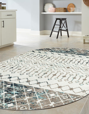 Ivory Gray Blue 5' 3 x 8' Tribal Trellis Oval Area Rug Geometric Southwestern Inspired Durable Carpet for Home Interior Design for Sale at Rug Engine
