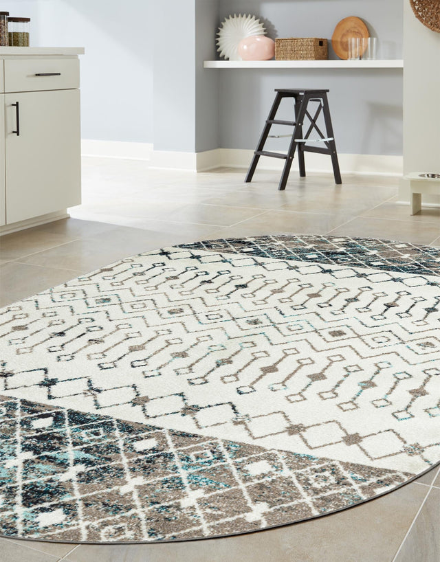 Ivory Gray Blue 4' 1 x 6' 1 Tribal Trellis Oval Area Rug Geometric Southwestern Inspired Durable Carpet for Home Interior Design for Sale at Rug Engine