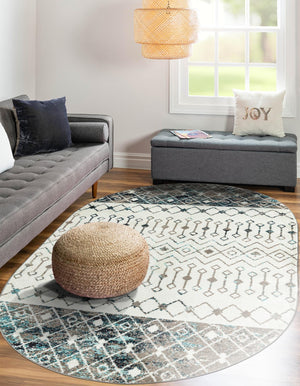 Ivory Gray Blue 4' 1 x 6' 1 Tribal Trellis Oval Area Rug Geometric Southwestern Inspired Durable Carpet for Home Interior Design for Sale at Rug Engine