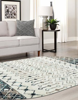Ivory Gray Blue 5' 3 x 8' Tribal Trellis Oval Area Rug Geometric Southwestern Inspired Durable Carpet for Home Interior Design for Sale at Rug Engine