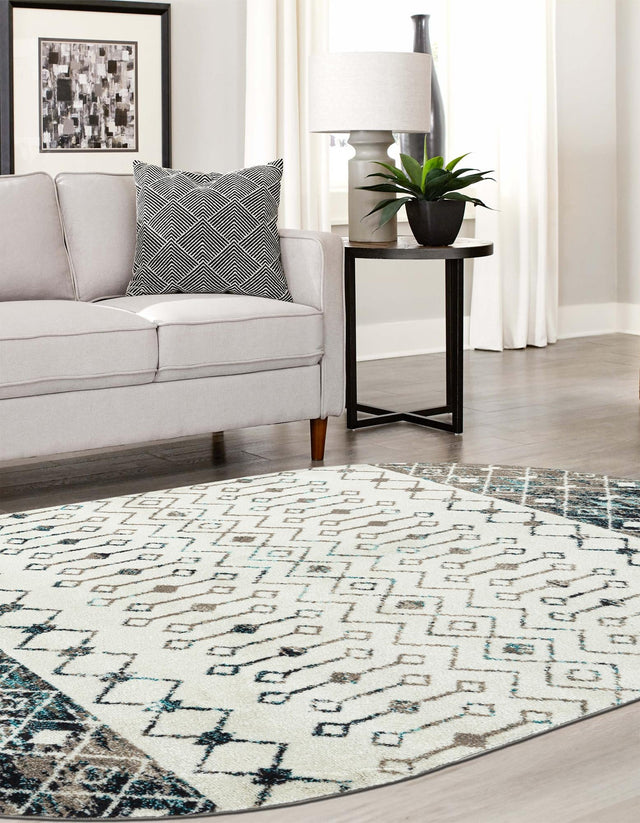 Ivory Gray Blue 5' 3 x 8' Tribal Trellis Oval Area Rug Geometric Southwestern Inspired Durable Carpet for Home Interior Design for Sale at Rug Engine