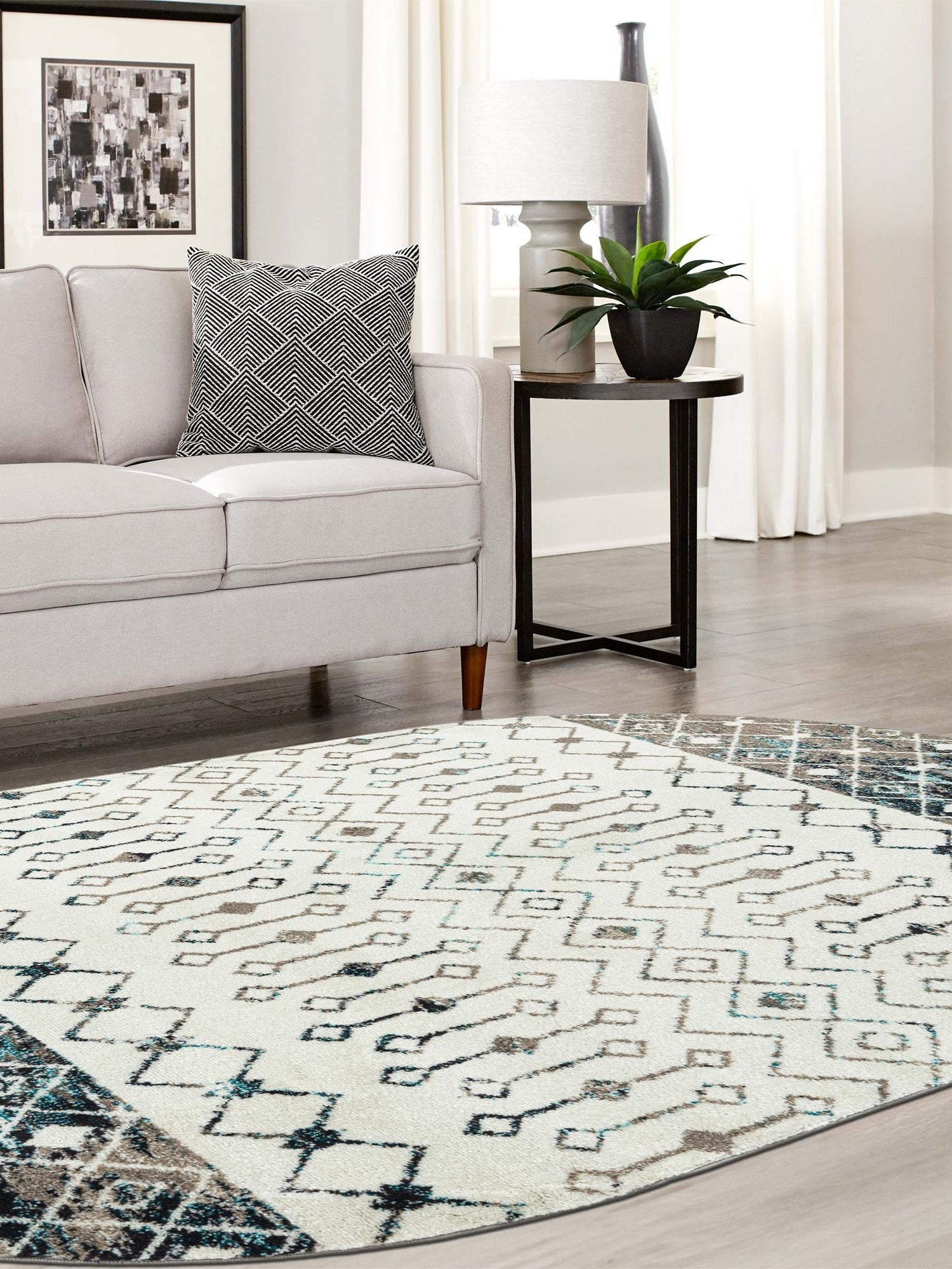 Ivory Gray Blue 4' 1 x 6' 1 Tribal Trellis Oval Area Rug Geometric Southwestern Inspired Durable Carpet for Home Interior Design for Sale at Rug Engine