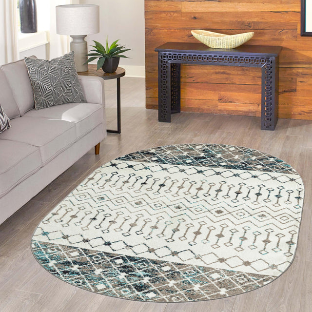 Ivory Gray Blue 4' 1 x 6' 1 Tribal Trellis Oval Area Rug Geometric Southwestern Inspired Durable Carpet for Home Interior Design for Sale at Rug Engine
