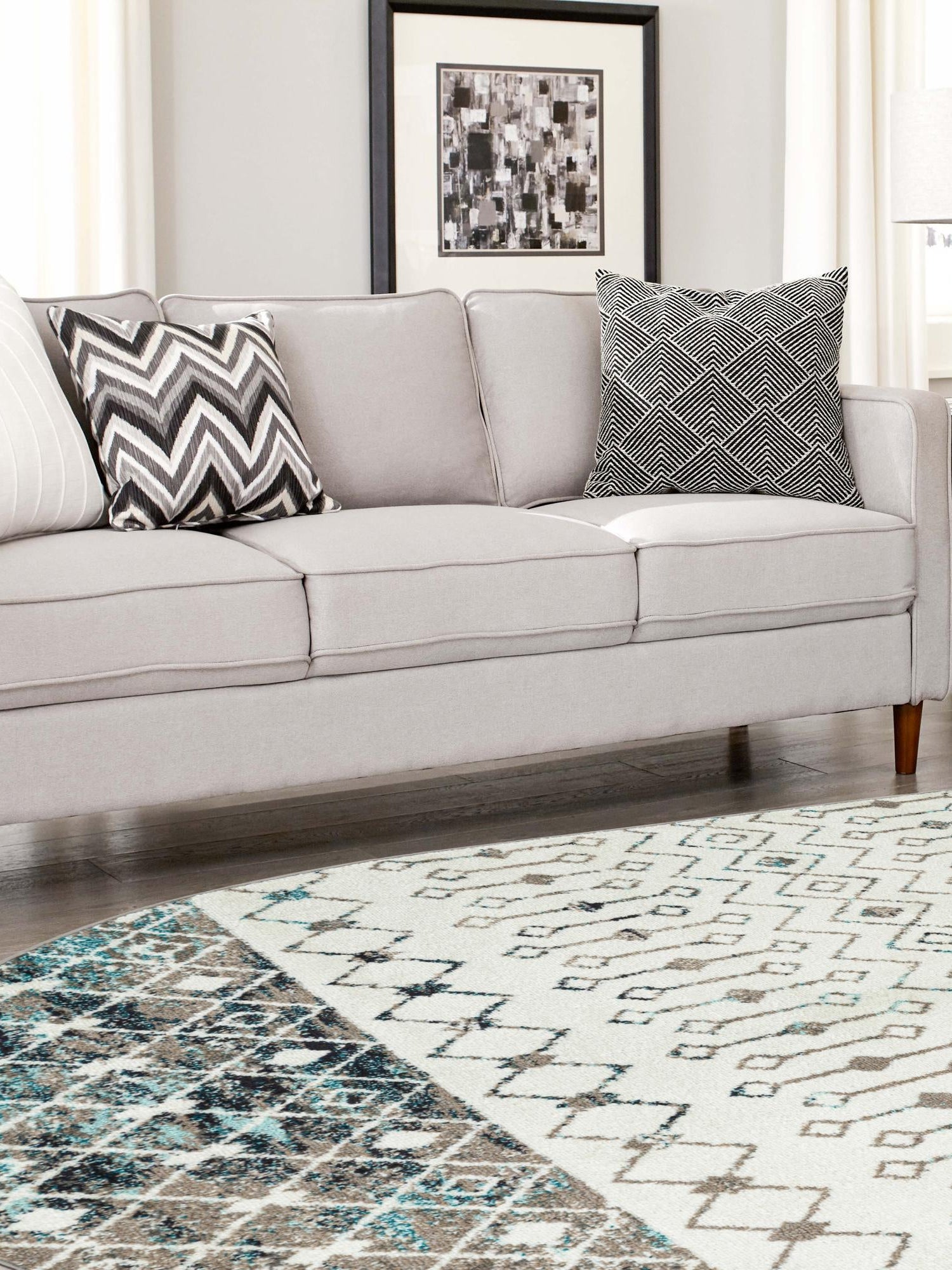 Ivory Gray Blue 4' 1 x 6' 1 Tribal Trellis Oval Area Rug Geometric Southwestern Inspired Durable Carpet for Home Interior Design for Sale at Rug Engine