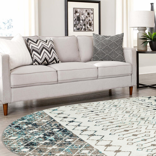 Ivory Gray Blue 4' 1 x 6' 1 Tribal Trellis Oval Area Rug Geometric Southwestern Inspired Durable Carpet for Home Interior Design for Sale at Rug Engine
