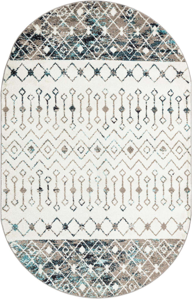 Ivory Gray Blue 5' 3 x 8' Tribal Trellis Oval Area Rug Geometric Southwestern Inspired Durable Carpet for Home Interior Design for Sale at Rug Engine