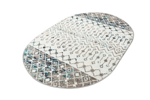 Ivory Gray Blue 4' 1 x 6' 1 Tribal Trellis Oval Area Rug Geometric Southwestern Inspired Durable Carpet for Home Interior Design for Sale at Rug Engine