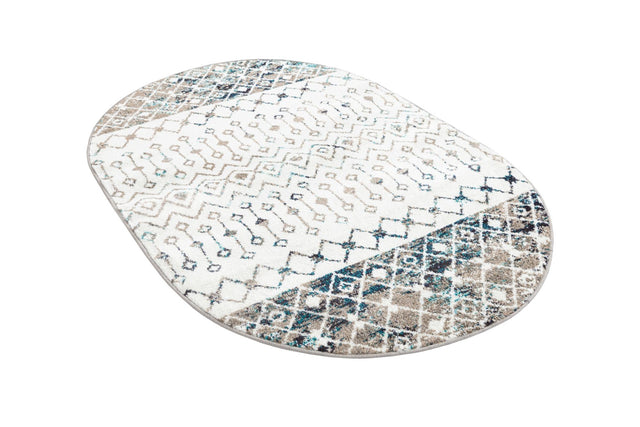 Ivory Gray Blue 4' 1 x 6' 1 Tribal Trellis Oval Area Rug Geometric Southwestern Inspired Durable Carpet for Home Interior Design for Sale at Rug Engine