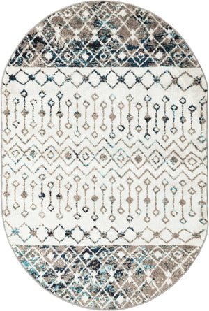 Ivory Gray Blue 4' 1 x 6' 1 Tribal Trellis Oval Area Rug Geometric Southwestern Inspired Durable Carpet for Home Interior Design for Sale at Rug Engine